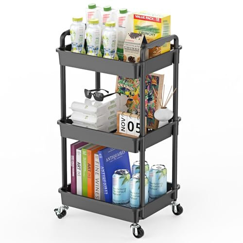 Yeabett 3 Tier Storage Trolley, Utility Cart with Lockable Wheels Multifunctional Storage Cart for Kitchen, Bathroom, Office, Living Room, Black