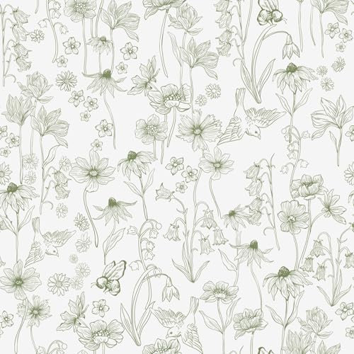 Fiula Papel tapiz autoadhesivo verde y blanco, papel tapiz floral de 44 x 300 cm, papel de contacto con pájaros, abejas, papel tapiz de vinilo impermeable para muebles, dormitorio, sala de estar