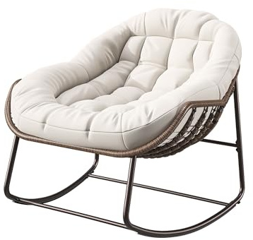 Mutuolux Fauteuil à Bascule d'Extérieur, Coussin Matelassé Blanc, Structure en Rotin et Métal, Design Moderne