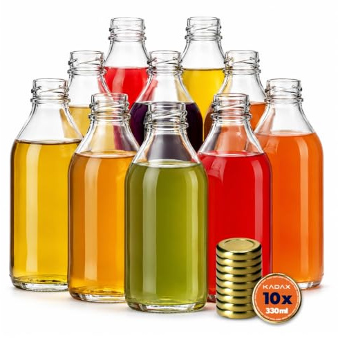 KADAX Uppsättning med 10 glasflaskor 330 ml med skruvlock guld – tomma flaskor för fyllning för juice, likör, olja, vinäger och smakkoncentrat som kan fyllas på
