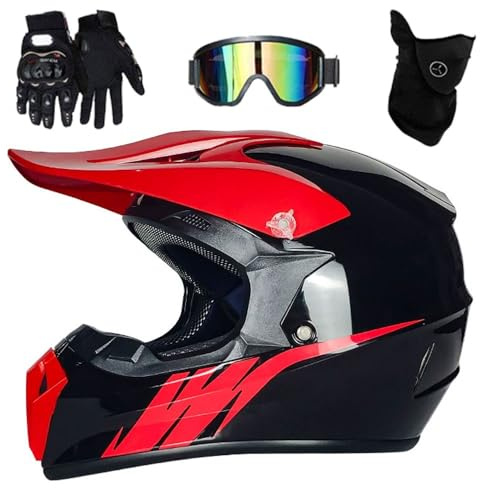 Jeunesse Enfant Hors Route Moto Casque, avec Gants Lunettes Masque, MTB VTT BMX Une Descente Quad Moto Cross Accident Casque Unisexe, Approuvé par Le Dot(V4,XS(51-52))