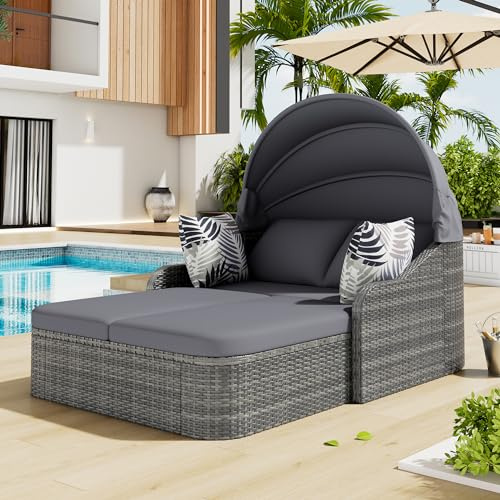 Kayan Poly Rattan Sonneninsel Gartenlounge Set, Sonneninsel Sitzgruppe mit Baldachin und Kissen, Outdoor Gartenmöbel Gartenliege Loungemöbel Terrassenmöbel, Wetterfest (Grau 1)