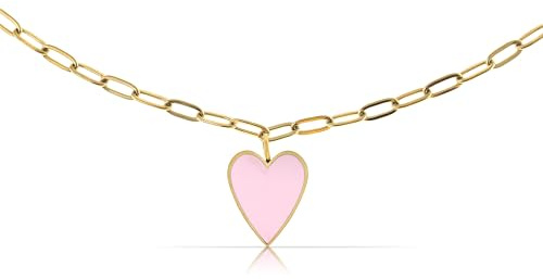Tillverkad av Nami filigranhalsband dam guld med hänge hjärta rosa kirurgiskt rostfritt stål 40 + 5 cm guld smycken fint smycke vänskapskedja, Anpassbar, Rostfritt stål, Amazonit
