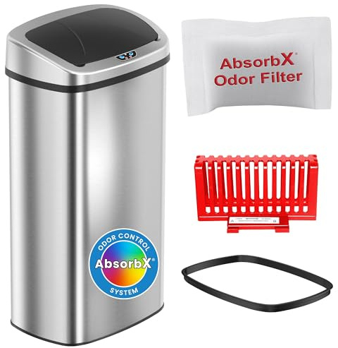 iTouchless 24 Gallon / 91L Sensor 2.0 Trash Can with Lid Commercial Grade Automatic Stainless Steel Touchless Garbage Bin, AbsorbX Odor Filter, AC Power or Battery, for Restaurant, Lobby, Home Office