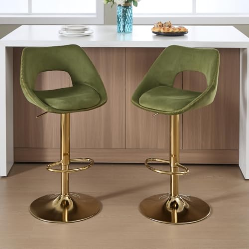 DAYALANE Lot de 2 Tabourets de Bar Dorée Réglable en Hauteur Chaise de Bar Pivotante en Velours Tabourets Hauts Modernes avec Repose-Pieds et Dossier, Vert