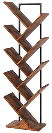 Levede Tree Bookshelf Tall 9-Tier Floor Standing Bookcase, Rustic Brown & Black Book Shelf for Living Room, CDs & Albums (9 Layer)