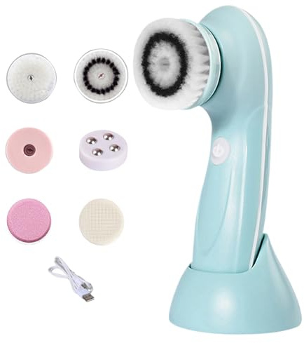 Cepillos Faciales Para Limpieza - Brocha Eléctrica Limpiadora Facial con 6 Cabezales de Repuesto - Dispositivo Recargable de Exfoliación y Masaje para Nariz Mejillas Barbilla y Frente