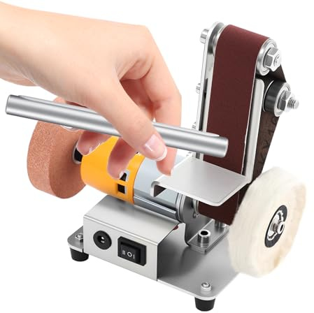 Mini Levigatrice a Banda, Levigatrice Elettrica da Banco Lucidatrice da Tavolo, Prodotto Adatto per la Lavorazione del Legno Fai da te, Rettifica di Metalli, Fabbricazione di Coltelli, Gioielli