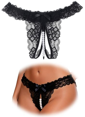 comeondear Tanga Abierto para Mujer de Encaje Bragas Abertura con Perlas Talla Grande Tangas Abierta de Cintura Baja Thong String Ropa Interior Sexy Lenceria Atrevida Transparente Lazos Negro,S