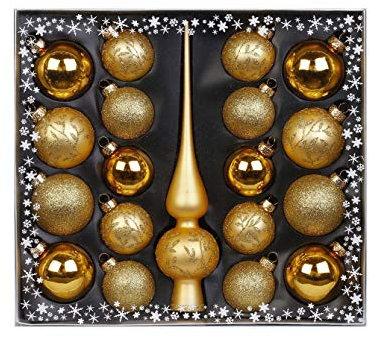 MAGIC Kugelsortiment Glas Dekor 19 TLG. mit Spitze Christbaumkugeln Christbaumschmuck Tannenbaum Deko Weihnachten Weihnachtskugeln Farbe: Gold