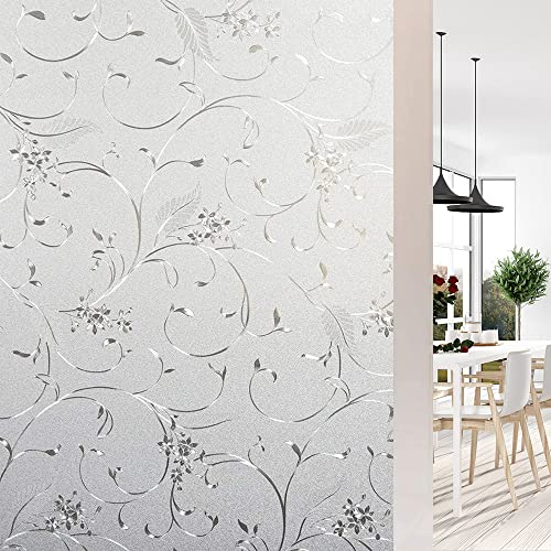 Shackcom Fensterfolie Sichtschutz Selbsthaftend 44.5x200cm Blickdicht Sichtschutzfolie Milchglasfolie Statisch Haftend Anti-UV Dekorfolie mit Weinpflanzenmuster für Badezimmer Wohnzimmer-J008