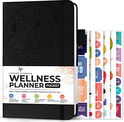 Legend Wellness Planerare & Matdagbok – Daglig kost, hälso- och fitnesdagbok med tränings- och viktminskningsspårare – livsstil, näring och träningsdagbok – varar i 6 månader, fickstorlek – svart