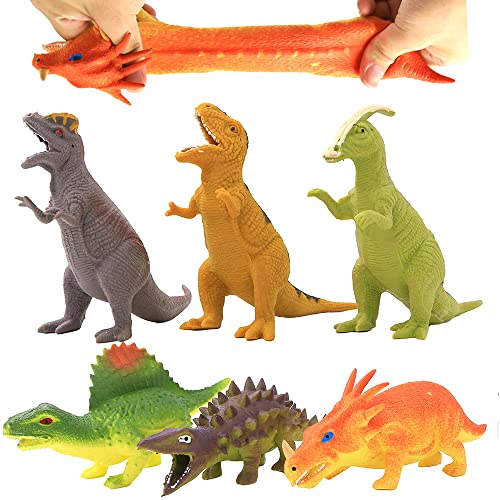 Spielzeuge in Form von Dinosauriern,Tierwelt, Dinosaurierfiguren,lebensmittelgeeignetes Material TPR,super dehnbar,mit geschenkter Tasche ,für Jungs und Kinder,Partyzubehör,Gummi 8 inch (6 Packset),
