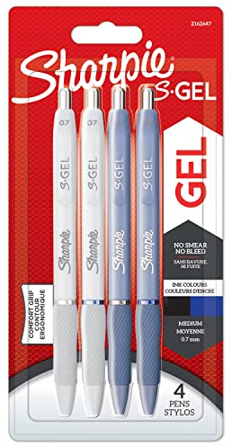 Sharpie S-Gel | Bolígrafos de gel | Punta mediana (0,7 mm) | Cuerpos azul hielo y blanco perla | Tinta negra y azul | 4 unidades