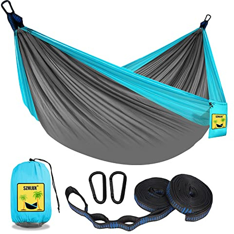 SZHLUX Camping Hammock Double & Single Portable Hammocks with 2 Tree Straps and Attached Carry Bag,Great for Outdoor,Indoor,Beach,Camping,Light Grey / Sky Blue