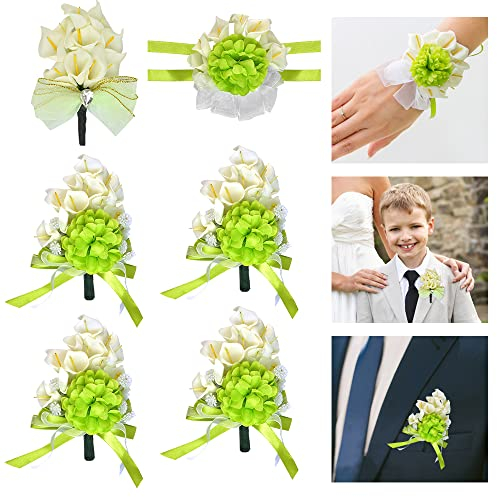BUENTYA 6 Stück Hochzeits Boutonniere Set mit Handgelenkblume Weiß & Grün Blumen Handgelenk Corsage Lily Ansteckblume Bräutigam Anstecker Gästeanstecker Hochzeitsanstecker Brautjungfern für Braut