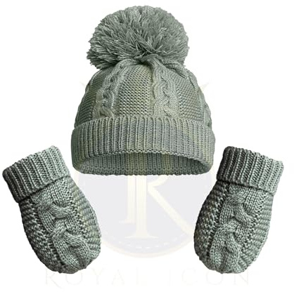 Royal Icon Baby Knitted Pom Pom Hat With Mittens Baby Boys Girls Winter Hat Mittens Set Cable Knit Single Pom Pom Bubble Hat Colours Available NB-12 Months RI6512 (Sage Green)
