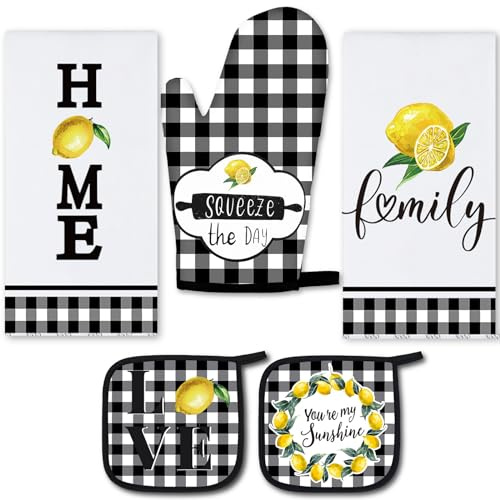 5 Pieces Buffalo Plaid Kitchen Towels Oven Mitts and Pot Holder Set Black and White Kitchen Towels Oven Gloves, Hot Pads Pot Holders for Farm House Accessories Decor(Lemon)
