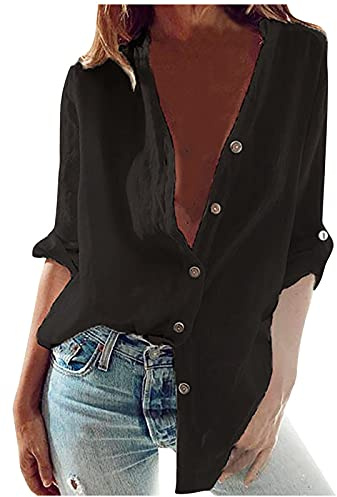 Linneskjorta Långärmad Damer Sommar Blus i Stora Storlekar med Button Down Oversize Linneblus Henley Vintage Tunika