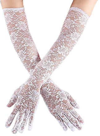 Wambere Damen Vintage Spitzen Brauthandschuhe Lange Spitzen Handschuhe für Hochzeit Oper Damen Accessoires,Damen Halb Transparent Tüll Braut Handschuhe,Lang für Hochzeit Abend 50cm,Weiß