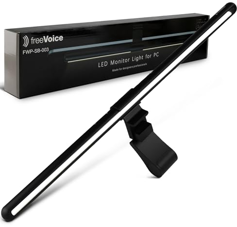 freeVoice Monitor Screenbar Flach I Schonende Anti-Blue-Light Bildschirmlampe I Flache Monitorlampe mit drahtloser Steuerung & Auto-Dimmer I Blendfreie Monitorleuchte mit Clip-Befestigung