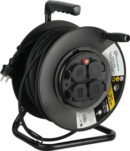 Electraline 49046 Professionell kabelvinda, H07RN-F 3G2.5-kabel, 25 m kabel/kabelvinda med 4 Schuko-uttag, IP44