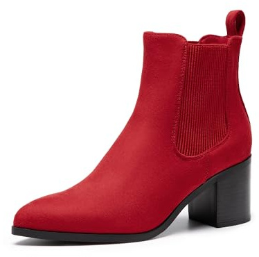 DREAM PAIRS Botas de tobillo Chelsea elásticas retro para mujer, tacón bajo y grueso, punta puntiaguda, tacón de otoño, zapatos de tacón, gamuza roja, 37.5 EU