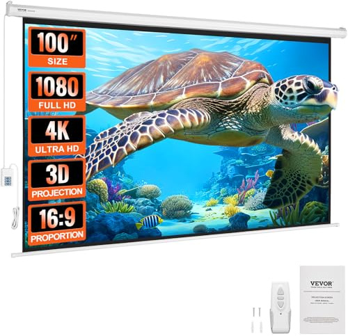 VEVOR Pantalla de proyección motorizada 100 Pulgadas 16:9 HD 4K 1080 Lona de proyección antipliegue con Mando a Distancia, Gran Angular de visión, Montaje en Pared Directo para proyectores de Cine en