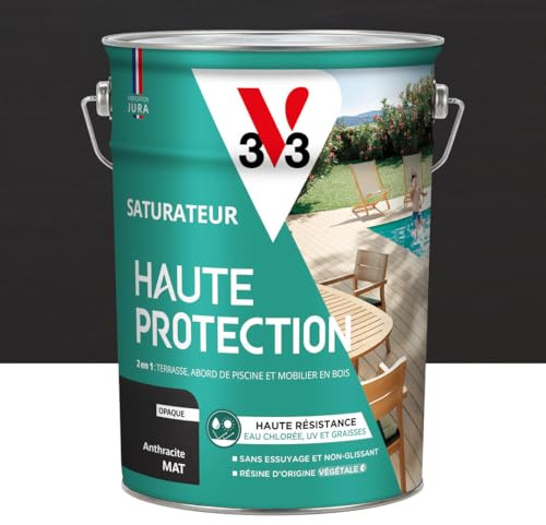 V33 Saturateur bois extérieur Anthracite mat - Pour terrasses et mobilier de jardin - Haute résistance eau chlorée, UV et graisse - Sans essuyage et non glissant - Résine d'origine végétale - 5L
