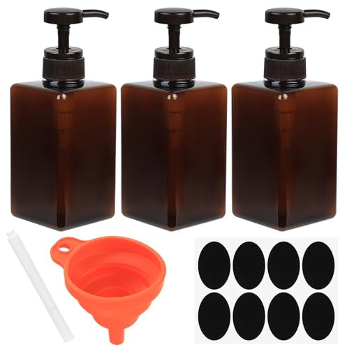 3 Pcs 450ml Pump Bottle Dispenser, Reusable Empty brown Plastic Lotion Soap Dispenser Pump Bottles, Refillable Square Dispenser Bottle for Essential Oil Soap Lotion Shampoo Bathroom Kitchen Travel