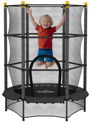 HOMCOM Trampolino Elastico per Bambini con Rete di Sicurezza e Pali Imbottiti, Tappeto Elastico Bambini in Acciaio per Interno ed Esterno, Età 3-10 Anni, Ø140 x 190 cm