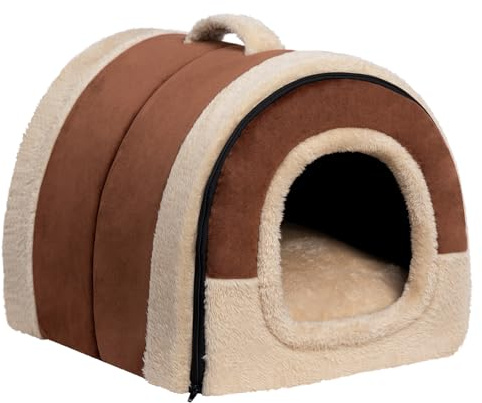 Hollypet Cama para Gato y Perros Pequeños, Plegable 2 en 1 Cama para Mascotas, Nido Suave y Cálida para Interior & Exterior, Café