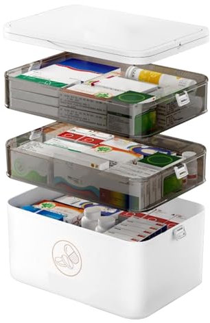 Caossuixin 3 Etagen Medikamenten Aufbewahrung, 30X16X24cm Medizinbox mit Tragbarer Griff, Multifunktions Medikamenten Organizer, Hausapotheke Box, Medikamentenbox Groß, Aufbewahrungsbox Weiß