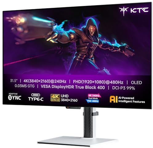 KTC 32 Inch 4K OLED Monitor, Dual Mode 4K@240Hz / 1080P@480HZ Gaming Monitor, 0.03ms, Adaptive Sync, HDR Ture Black 400, HDMI 2.1, DP 1.4, Full Function 65W USB C, 3 x USB A 3.0, KVM，Dual Speaker
