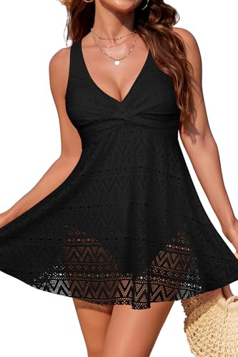 SHEKINI Femme Elégant Maillot de Bain Une Pièce avec Jupette 1 Pièce Contrôle Ventre Dentelle Hollow Gainant Robe de Bain Grande Taille（M,Noir）