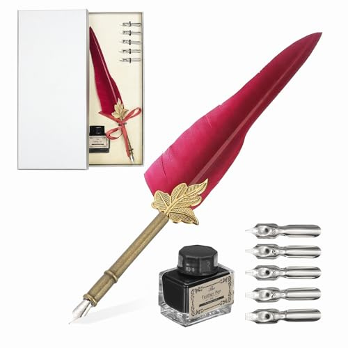 PATIKIL Feather Quill Pen Set, 1 Set Vintage Feather Calligraphy Pen Fountain Dip Pen Set with Ink, Pen Holder and Replacement Nibs for Beginner Writer Writing Gift, Dark Red(Silver Box)