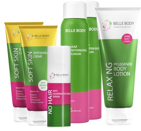 Belle Body Haarentfernung Komplett Set – 2x Schaum + 2x Creme + Anti-Haarwachstums-Serum für glatte Haut am ganzen Körper – Inkl. GRATIS Body Lotion – Vegan, effektiv & sanft zur Haut