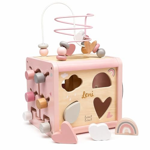 Mainely Personalizzabile cubo attività in Legno FSC Rosa – incastri & motricità fine Stile Montessori – per Bambini 18+ Mesi – Personalizzato con Nome – Label Label