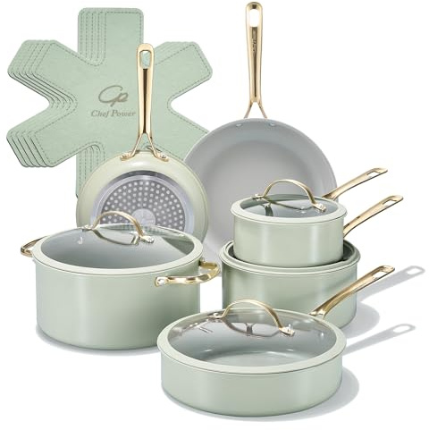 Chef Power Ceramic Cookware Sets, 15Pcs Pots and Pans Set Non Stick, Cookware Set with Stainless Steel Handle, Dishwasher & Oven Safe, Sage Green and Granite Grey