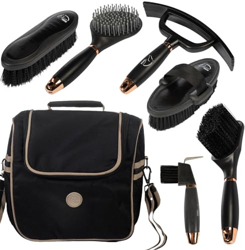Set di pulizia per cavalli di lusso, nero, set completo per la cura dei cavalli con custodia, spazzole e raschietti per zoccoli, nero elegante con dettagli in oro rosa