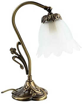 Licht-Erlebnisse Premium Tischleuchte Messing Glas bronziert Weiß Schlafzimmer 32 cm hoch E14 max. 40W blendarm Blüte Florale Tischlampe Wohnzimmer