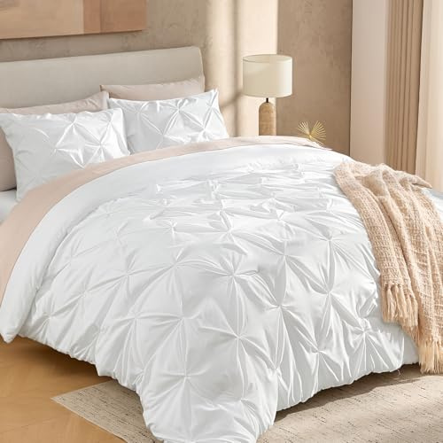 Andency Juego de edredón Plisado Blanco tamaño King (104 x 90 Pulgadas), 3 Piezas (1 edredón con Pliegues, 2 Fundas de Almohada), Juego de Ropa de Cama de Microfibra Alternativa