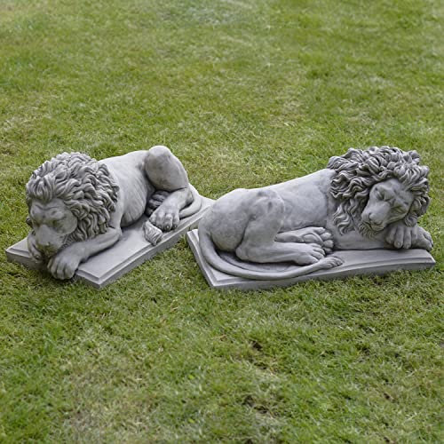 ONEFOLD - Pair of Sleeping Lions Garden Ornaments Outdoor Hand Cast Stone Garden Ornament Statue Sculpture Home Patio Conservatory Decor Set of 2