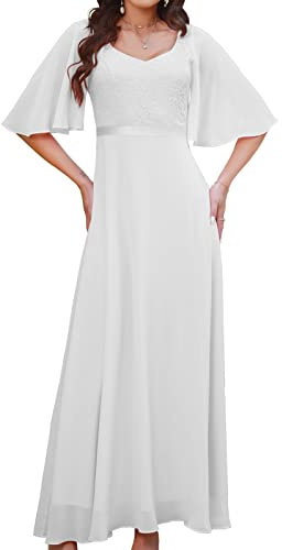 DRESSTELLS Vestidos de Noche Elegantes para Boda, Vestidos de Dama de Honor, de Gasa, Largos, Formales, Tallas Grandes, Con Espalda en V, Blanco, XL