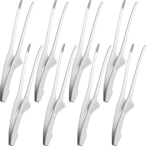 Patelai 8 Pieces Korean and Japanese BBQ Tongs Non Slip Cooking Utensils Stainless Steel Tongs for Serving Food, Salad, Camping, Barbecue, Buffet, Oven with Support Stand (Silver)