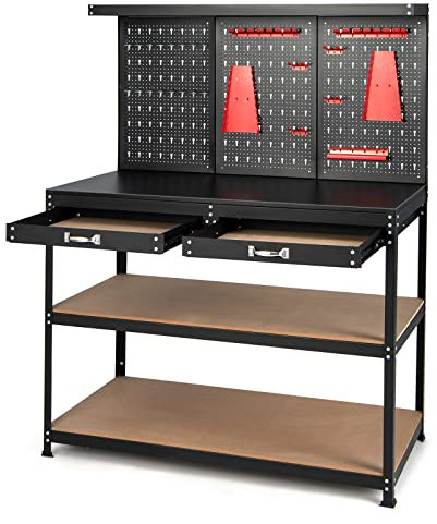 TANGZON Workbench with Pegboard, Metal Work Bench with Shelves, Topping Space, Hanging Accessories, Heavy Duty Work Table Tool Storage Bench for Workshop Warehouse (Black+Red, 121x61x156cm)