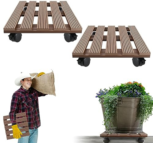 LZQ WPC - Rullo per piante rettangolare, 30 x 30 cm, con ruote, per interni ed esterni, 2 pezzi, colore: Marrone