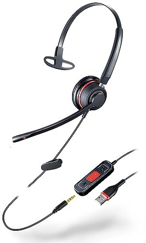 Cleyver Flex Jack USB Mono, Micro auriculares con cable USB y Jack de 3,5 mm, Ultra Leger, Micro cancelación de ruido, Softphone,PC,Mac,Smartphone,Tableta, caja de control sobre cable, tecla