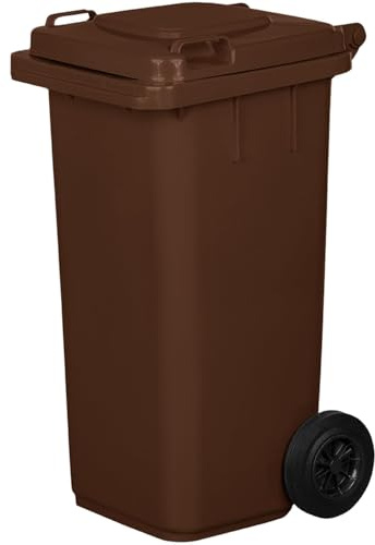 IMJ-Global - Cubo de Basura Alto Grande 120 Litros PN-EN 840 con Ruedas y Sistema de Enganche Mecánico de Recogida, Cubos de Basura de Reciclaje Contenedor Basurero en Plástico (Marrón)