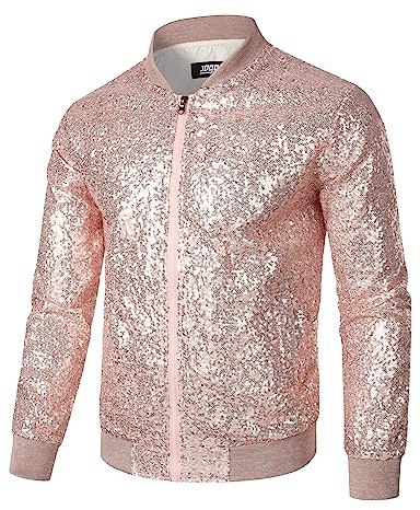 Jogal Veste en paillettes métalliques pour homme - Veste baseball bomber des années 70 pour disco, soirée costumée et club de nuit, champagne, L